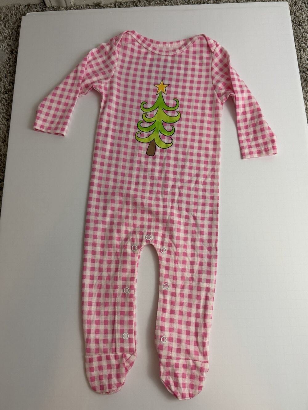 Jane Marie Pink White Gingham Christmas Tree Snap Footed One-Piece 6M